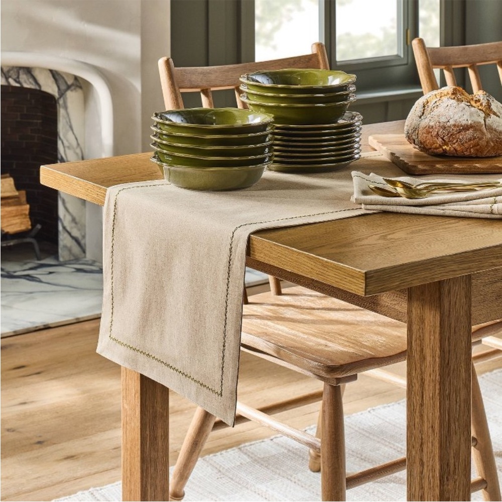 Embroidered Border Standard Table Runner Natural/Green - Hearth & Hand Magnolia - Picture 2 of 3